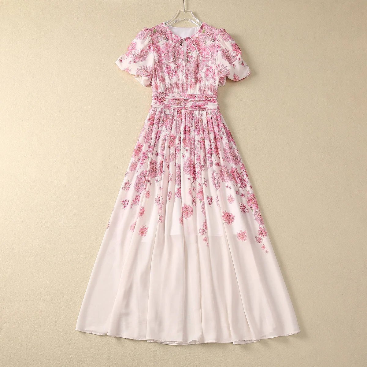 

Europe and the United States women's 2024 summer new Stand collar Short sleeve pink floral print Fashion pleated dress XXL