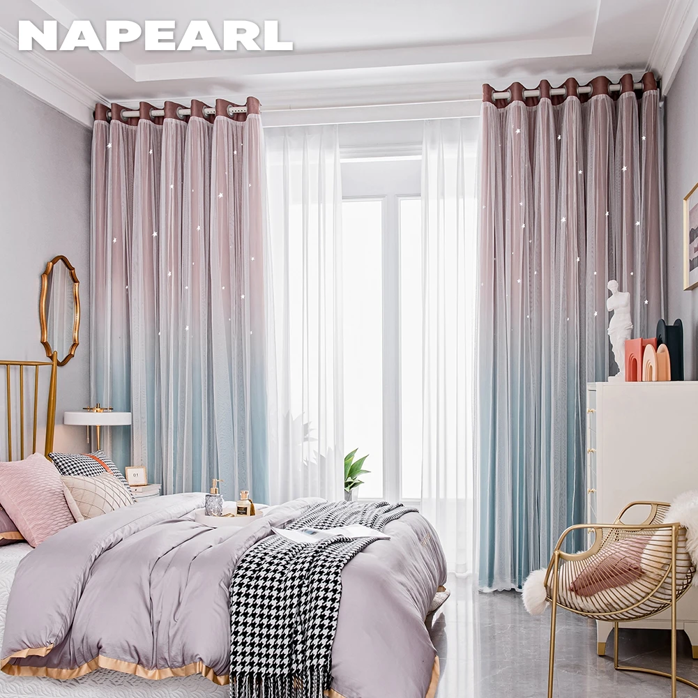NAPEARL Gradient Color Hollow Out Star Cute Curtain Window Tulle Sheer for Kids Room Girls Bedroom Home Decor 1PC
