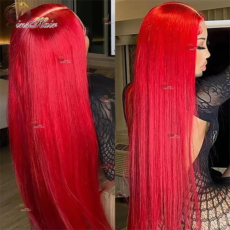 Bright Red Bone Straight Lace Front Human Hair Wigs Pre Plucked Red 99J 13x6 HD Transparent Lace Front Wig for Women Remy Hair human hair wig