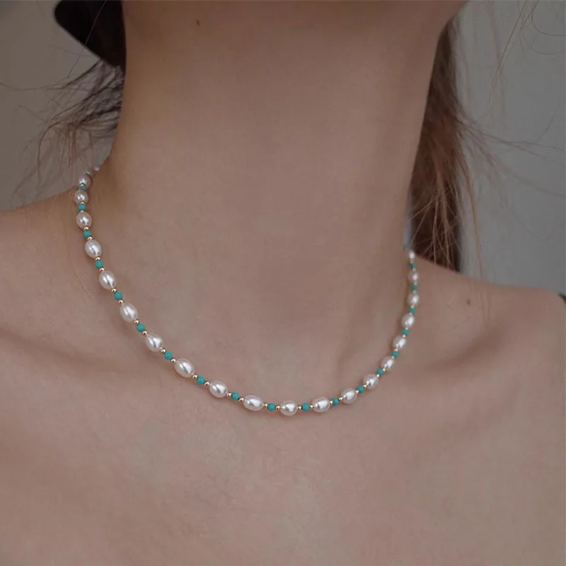 100% Natural Freshwater Pearl & Turquoise Stone 14K Gold Filled Female Jewelry Set For Women Necklace Bracelet Christmas Gifts 1