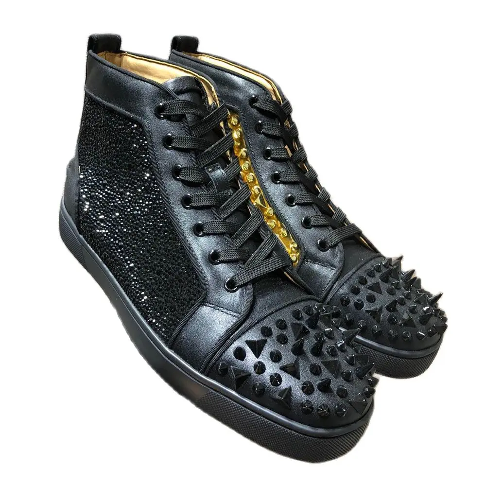 High Top Black Diamond Gold Nails Real Leather Red Bottom Shoes