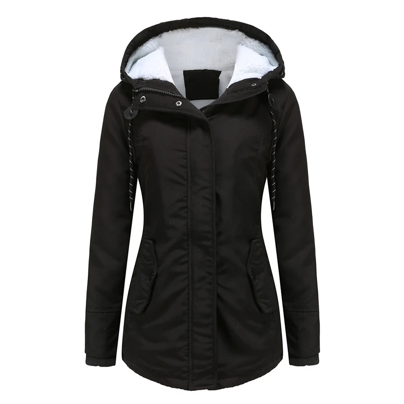 Autumn New Women Coat Warm Solid Plush Long Jacket Outdoor Hooded Casual Windproof Parka Coat Female Overcoat