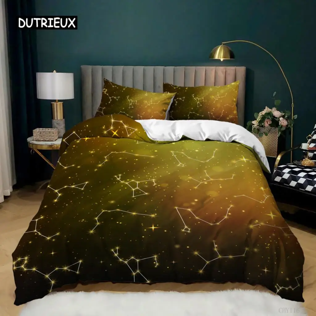 

Constellation Duvet Cover Set King Size Golden Stars Printed On Golden Gradient Sky Soft Microfiber Twin Bedding Set For Teens