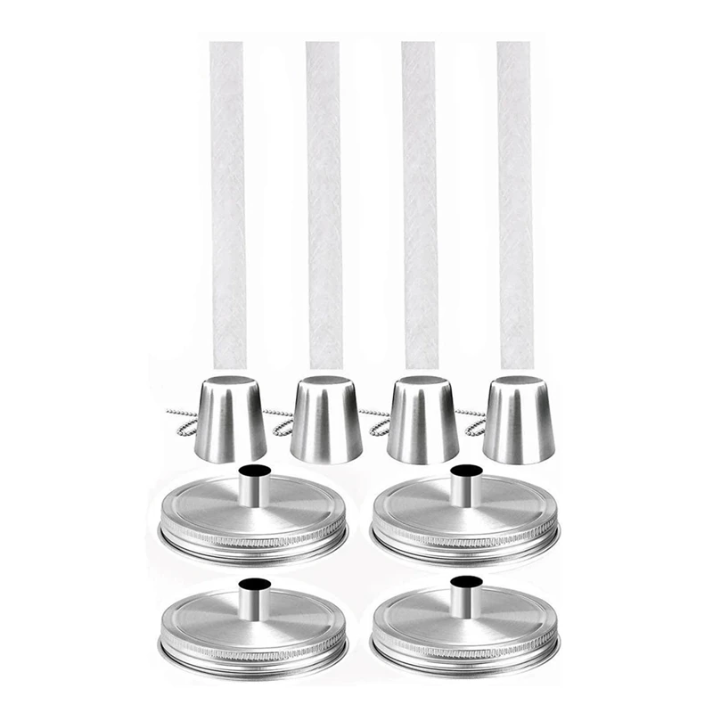 

Mason Jar Tabletop Torches Kits, 4Pack Regular Mouth Lids With Protective Tube, Long Life Fiberglass Wicks And Caps Durable