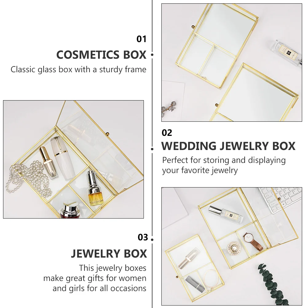 Desktop Jewelry Case Glass Lipstick Cosmetics Compartment Dresser with Lid - Size S