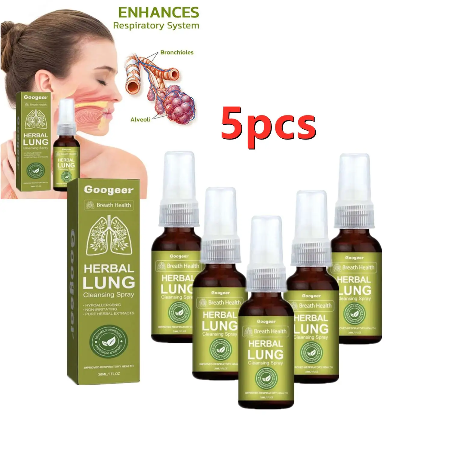 5X Googeer Herbal Lung Cleansing Spray Breath Detox Herbal Lung Cleanse Spray, Herbal Lung Cleanse Mist - Powerful Lung Support