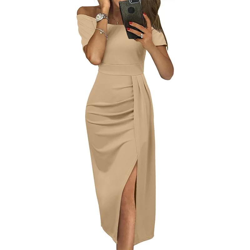 

Summer Slim Neck Slit Elegant Party Long Dress Solid Color Pleated African Dresses For Women Short Sleeves Ankara Robes Vestidos