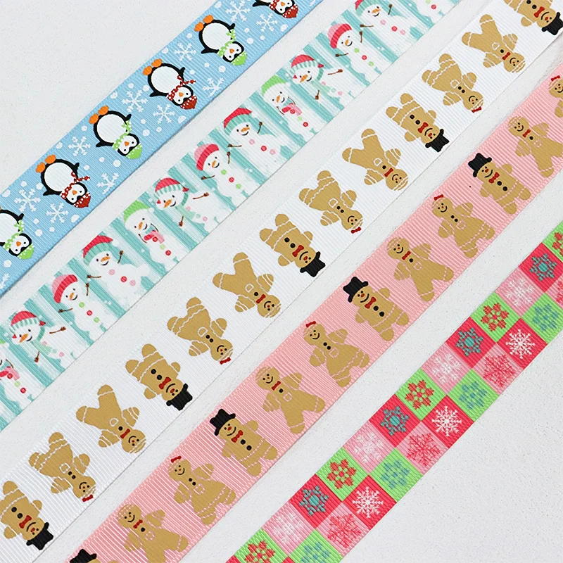 22mm 25mm 크리스마스 산타클로스 눈사람 눈송이 진저브레드맨 프린트 그로그레인 리본 크리스마스 헤어보우 선물 포장용
