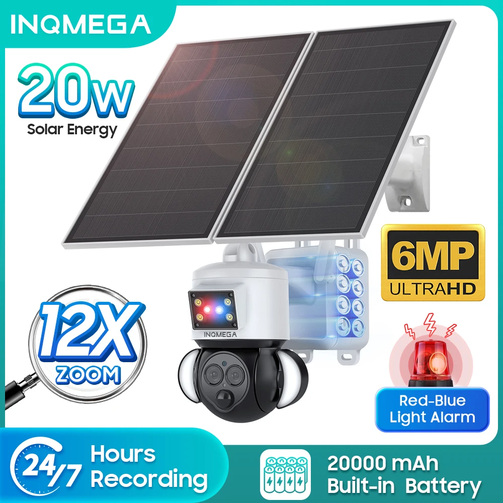 INQMEGA 6MP 20W Solar 4G Camera 12X Zoom Dual Lens Camera Red-Blue Light Alarm 24/7 Hours Recording 20000mAh Battery Outdoor Cam