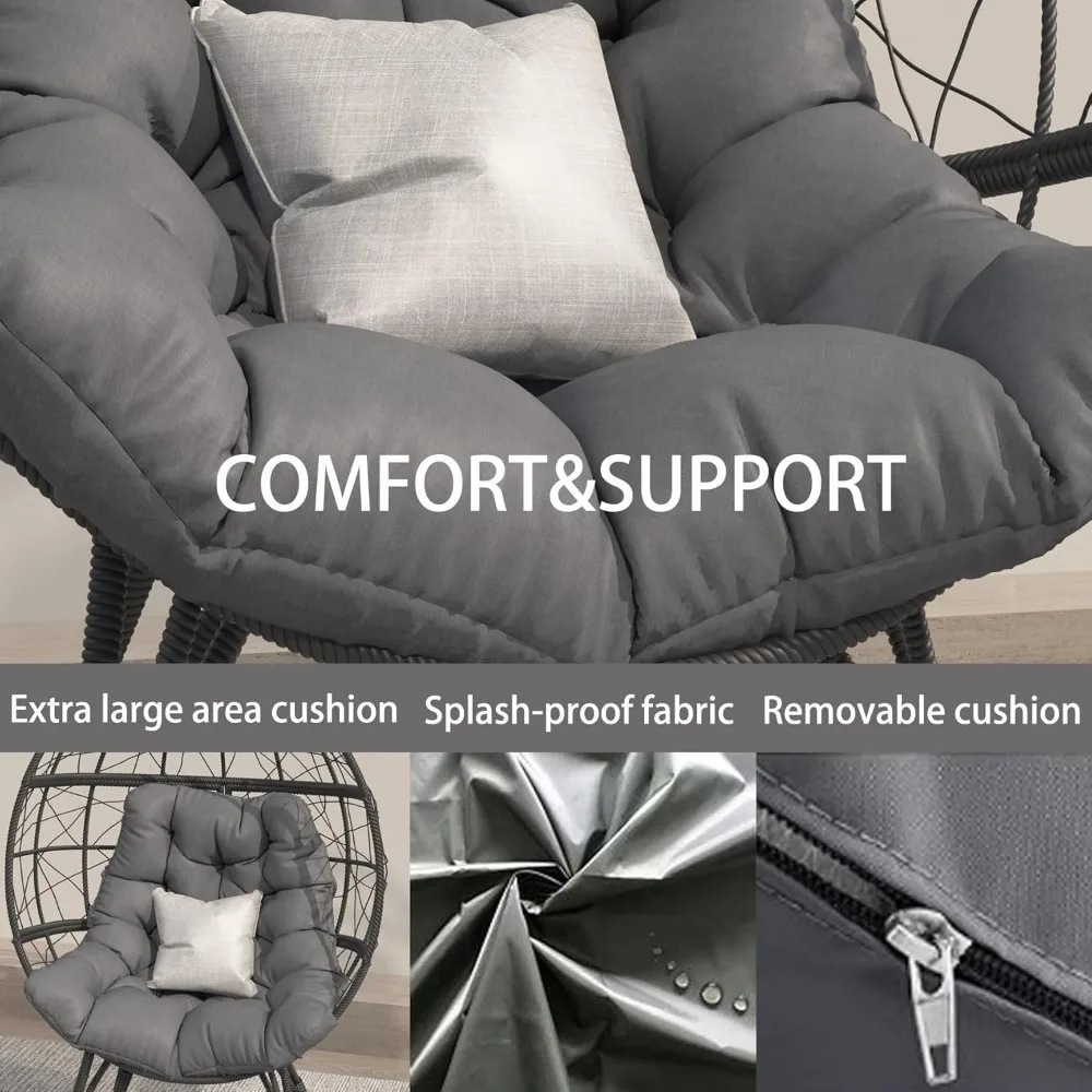 Oversize Wicker Egg Chair, Outdoor Indoor Egg Basket Lounge Chair w Large Cushion for Patio Backyard Garden Living Room (Grey) 3