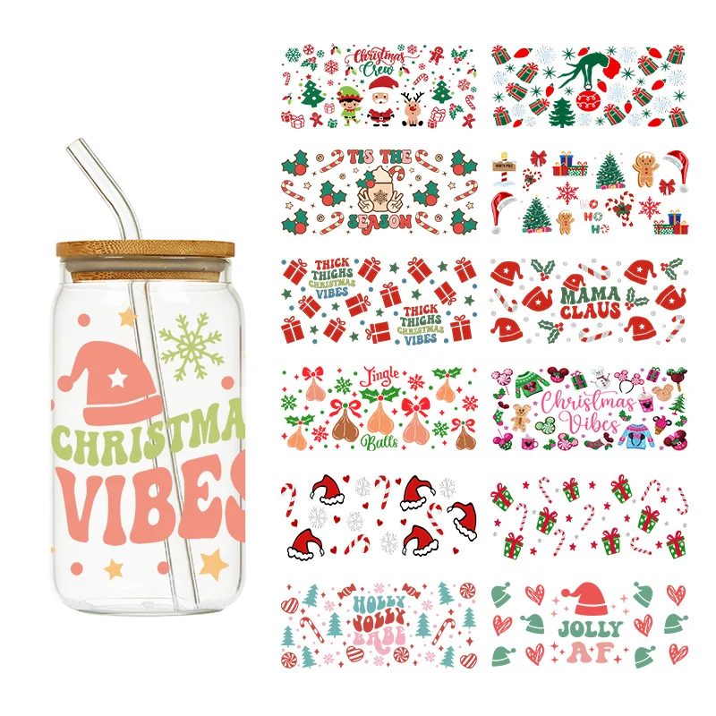 

1PCS Merry Christmas Holly Jolly Vibes Custom Decals 16OZ Transfer UV Sticker For Libbey Glasses Can UV DTF Cup Wraps Christmas