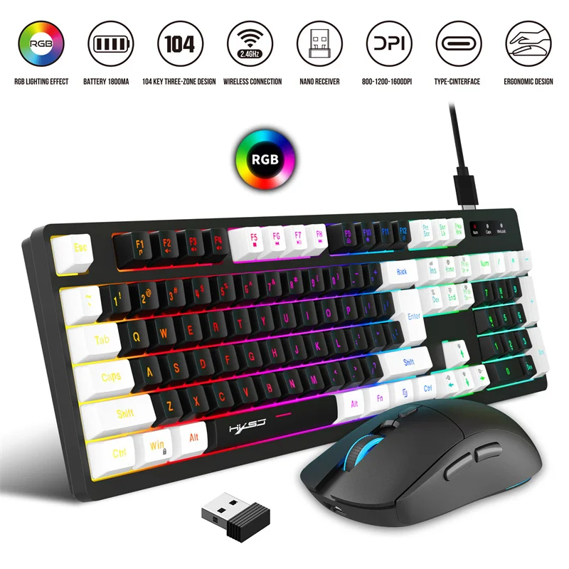 

RGB 2.4G Wireless Gamming Keyboard Mouse Set 104 Key For PC Laptop TYPE-C Rechargeable High Quality L98