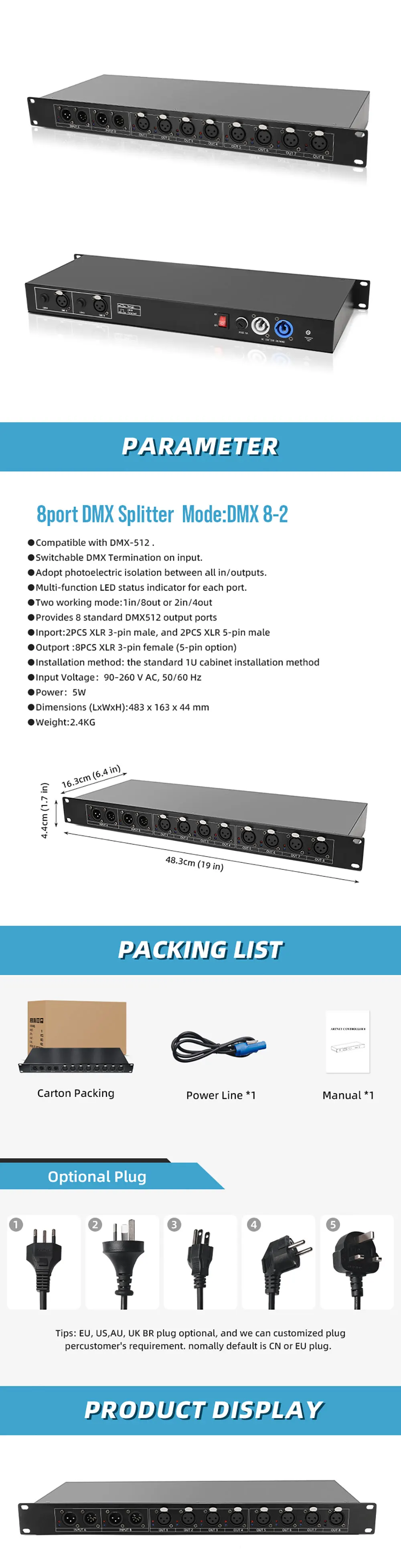 DMX Splitter Signal amplifier 8 port DMX Splitter Stage machine DMX Splitter for