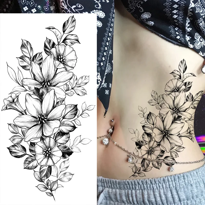 Sketch Flowers Sketch Tattoo Rose Blossoms Black and White Flowers Temporary Tattoos Sticker size: 6