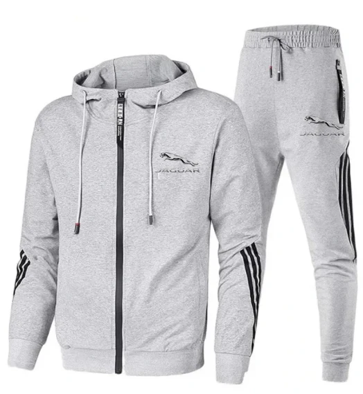 Men Jaguar Car Logo Print 2 Piece Sets Sportswear Zip Hooded Sweatshirt+Pants Gym Running Men Clothing 2023 New Tracksuit