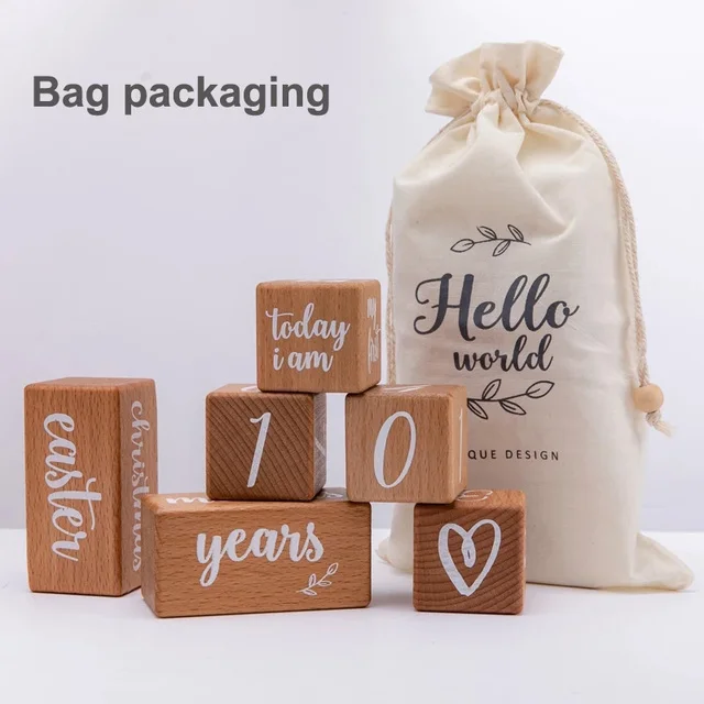 6pcs/1Set Baby Month Milestone Card Beech Block Square Engraved Newborn Birth Month Birthday Milestones Block Photography Props hand & footprint makers book Baby Souvenirs