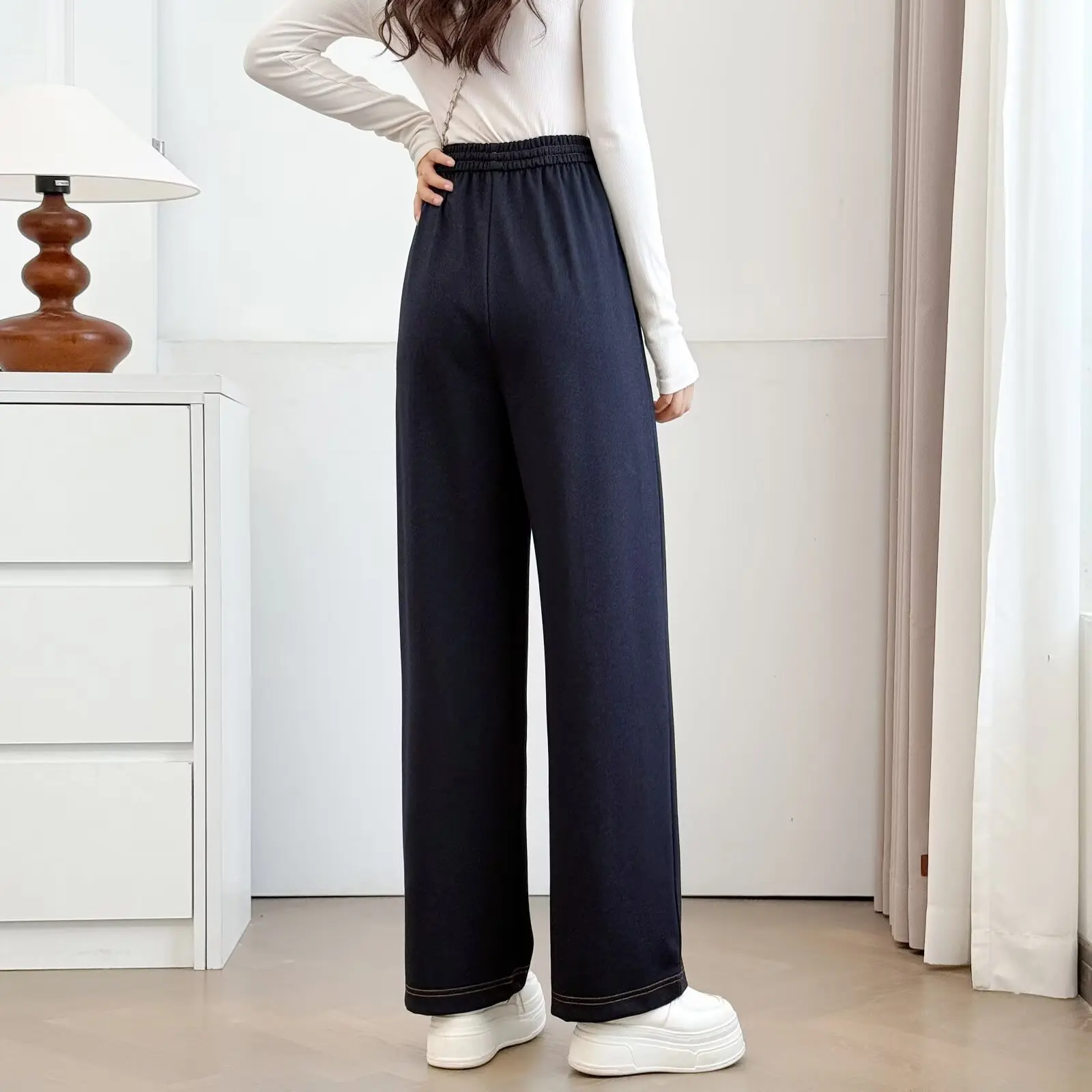 Plus Size Women's Straight Leg Jeans Autumn New Style Simple Drawstring Elastic Waist Long Pants Casual Trousers 8023