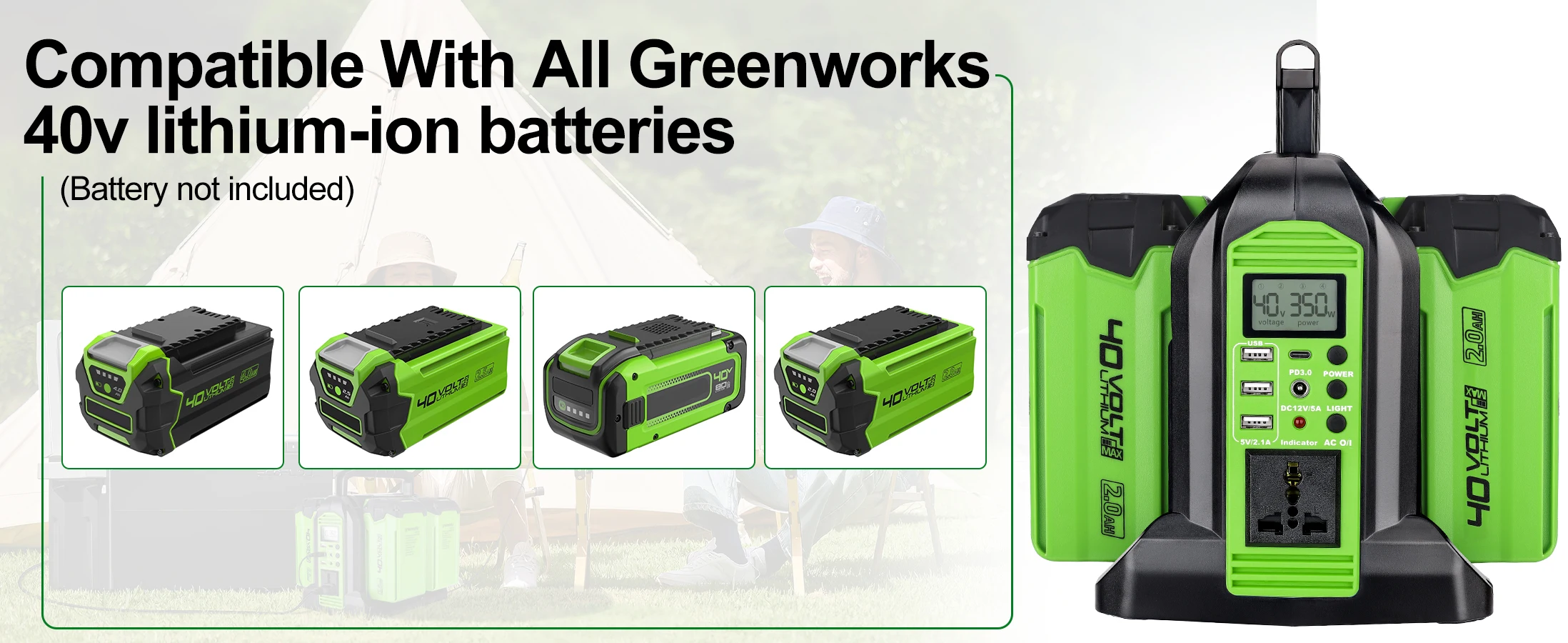 350W Power Inverter for Greenworks 40V Battery DC 40V to AC 110-120V Pure Sine W