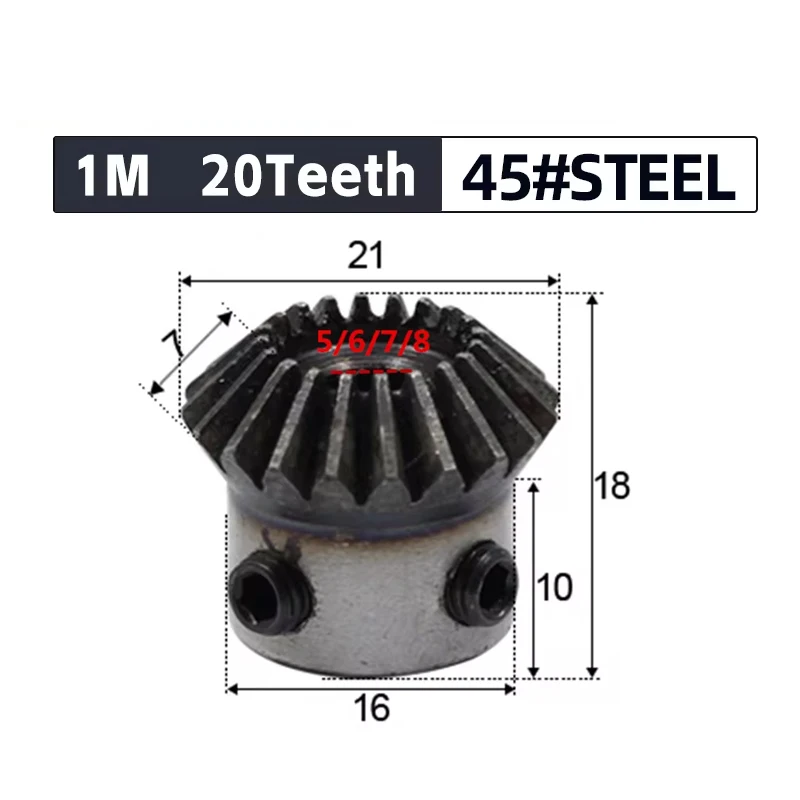 Bevel Gear 1M 20Teeth 45# Steel Inner Hole 5/6/7/8/6.35/9/10/12mm Gear 90 Degrees Meshing Angle Steel Gears Screw Hole M5 2pcs Motor Gear Transmission Gear Electric Bike Gear Cassette Deck Tape Gear Electric Chain Saw Gear