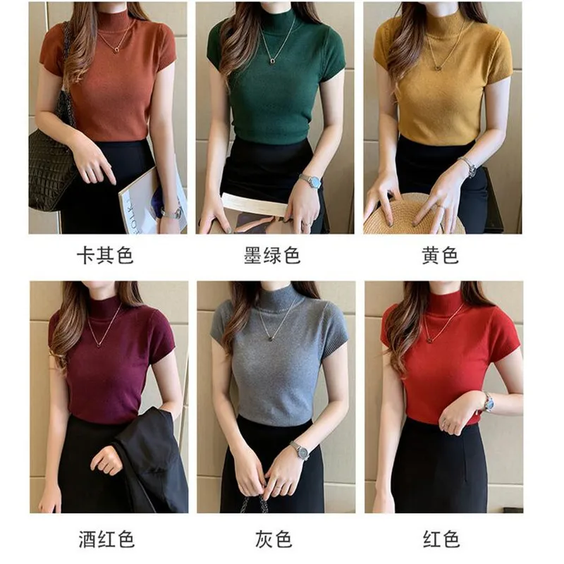 

2023 New Casual Knitted Women Tops Women Clothing Blusas Summer Solid Slim Turtleneck Blouse Fashion Chic Korean Clothes 862