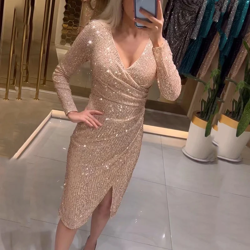

Elegant Wrap V Neck Long Sleeve Pleated Dress Female High Waist Temperament Bodycon Dress Sexy Split A-line Draped Party Dresses