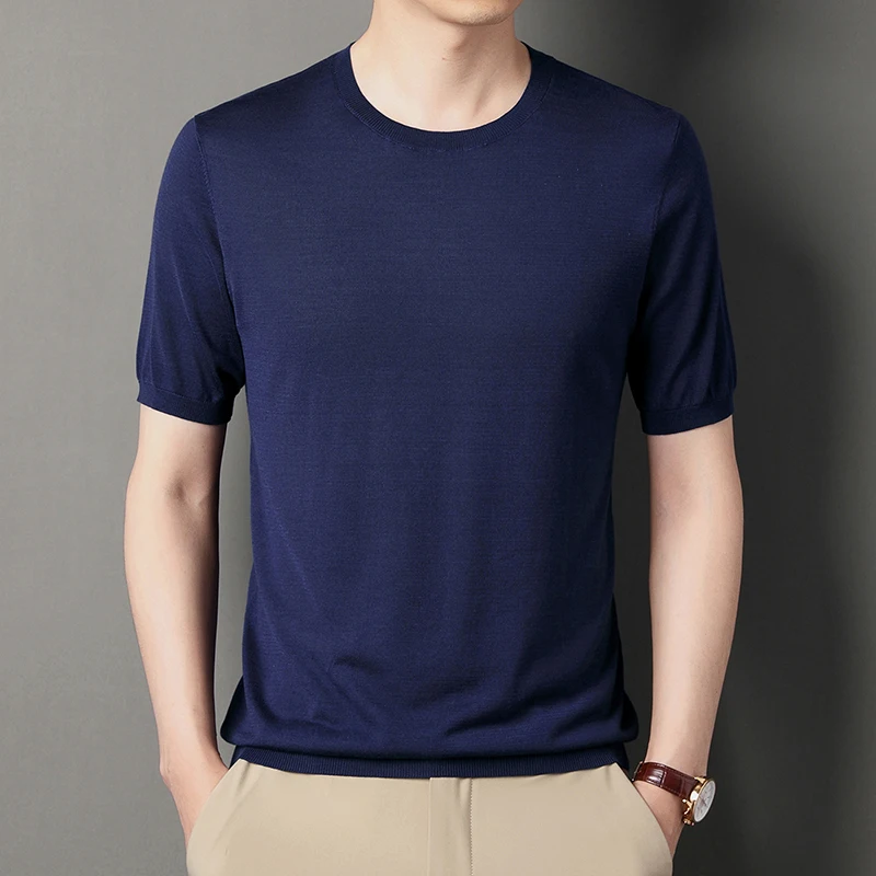 High Quality Men Silk Knit Tops 2022 Summer O-Neck Ice Silk Tee Shirts Male Short Sleeve Knitting Thin Clothing T-Shirts