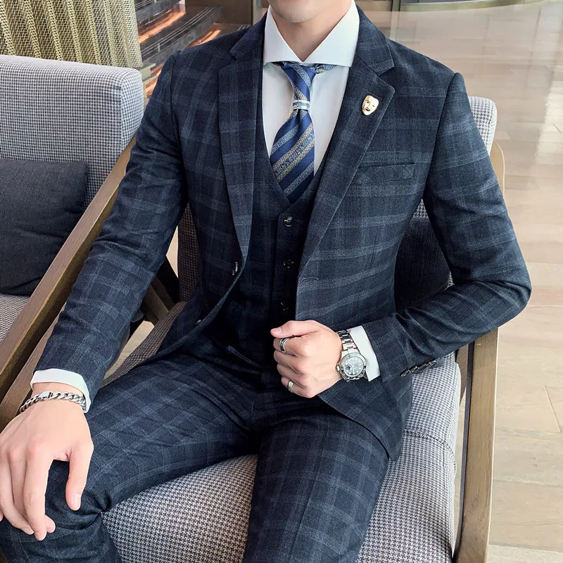Plaid  (suit + Waistcoat + Trousers) Wedding Dress Fashion and Handsome Fashion British Style Slim-fit Business Three-piece Set 3