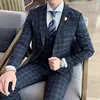 Plaid  (suit + Waistcoat + Trousers) Wedding Dress Fashion and Handsome Fashion British Style Slim-fit Business Three-piece Set 3