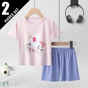 2-Piece Children's Short-sleeved Shorts Suit Girl Sweet And Lovely Joker T-shirt Comfortable Elastic Waist Shorts Home Clothes 1