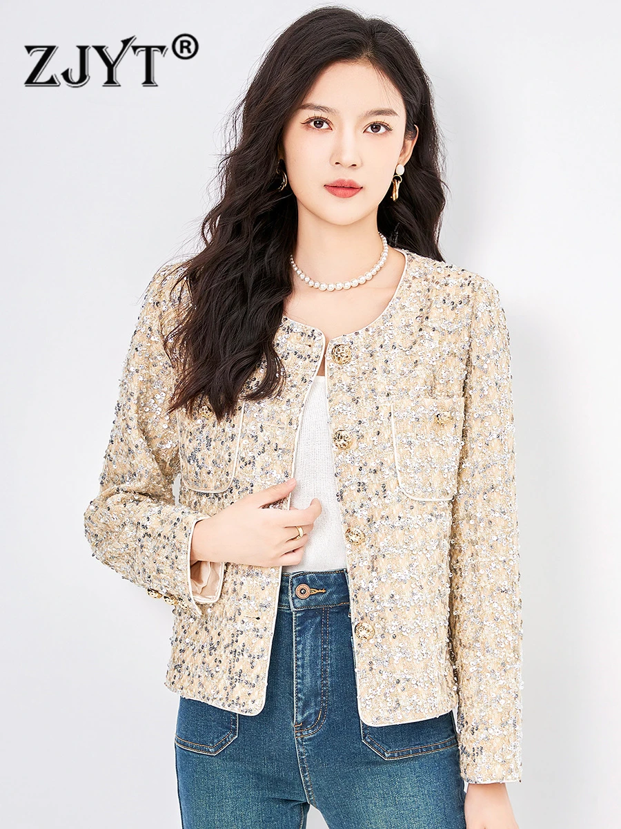 

ZJYT Luxury Sequined Tweed Woolen Jacket for Women 2023 Fashion Autumn Casual Coats Short Party Outerwear Veste Femme Elegant