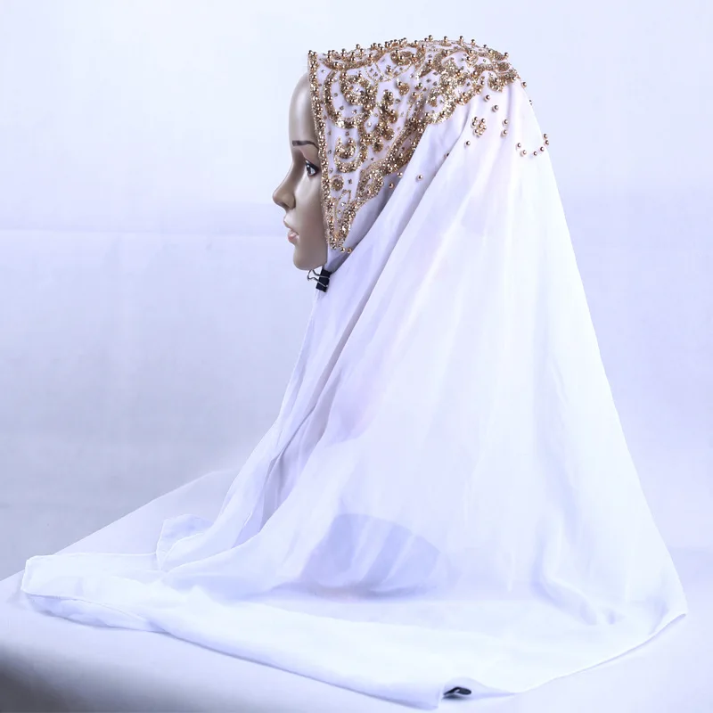 Luxury Women Beaded Chiffon Scarf Muslim Islamic Party Hijab Head Wraps Shawls Arab Headband Turban Stole 72*170cm 2