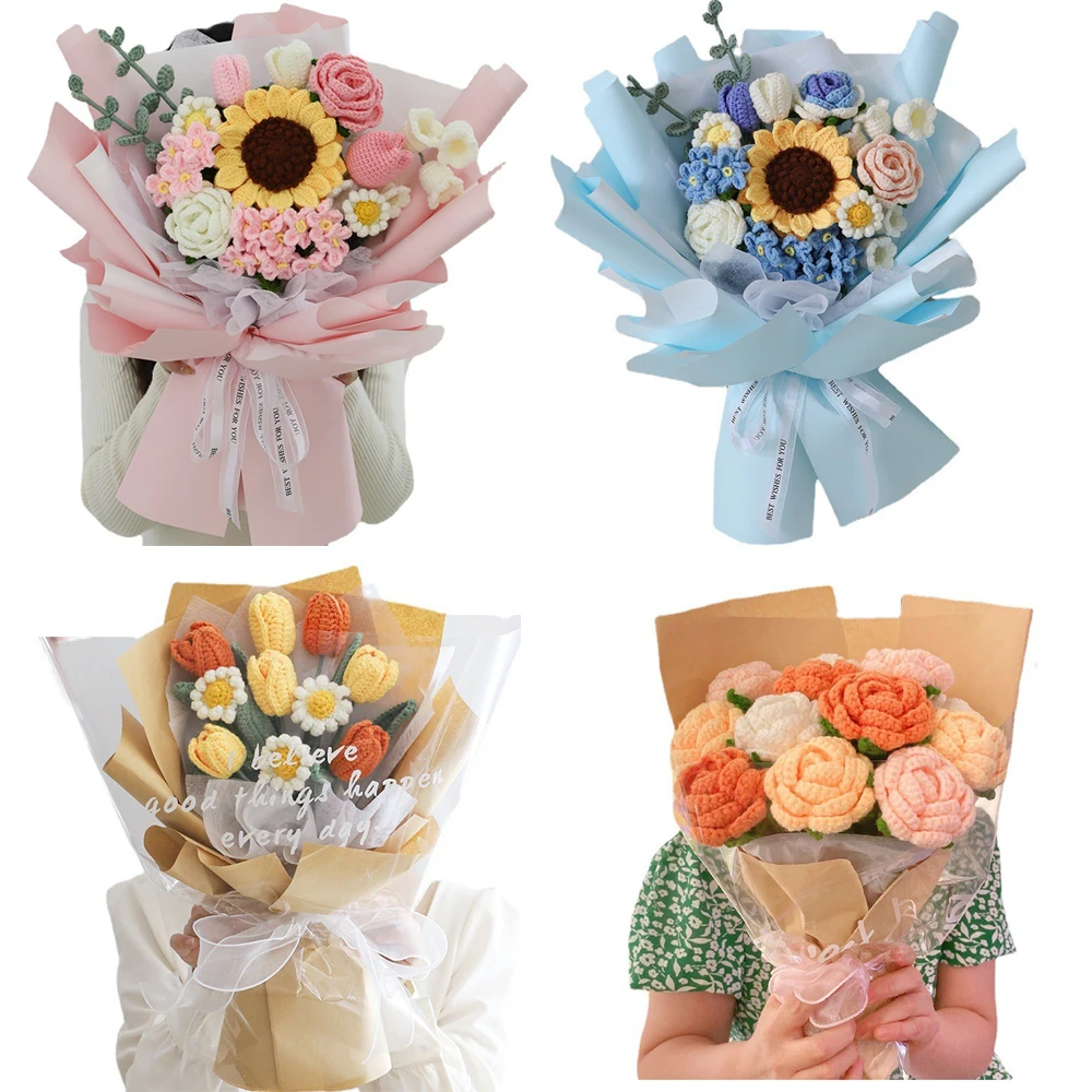TPRPYN Pink Mixed Flower Bouquet Crochet Kit with yarn DIY Rose Tulip daisy sunflower Crocheting kits Knitting handmake beginner