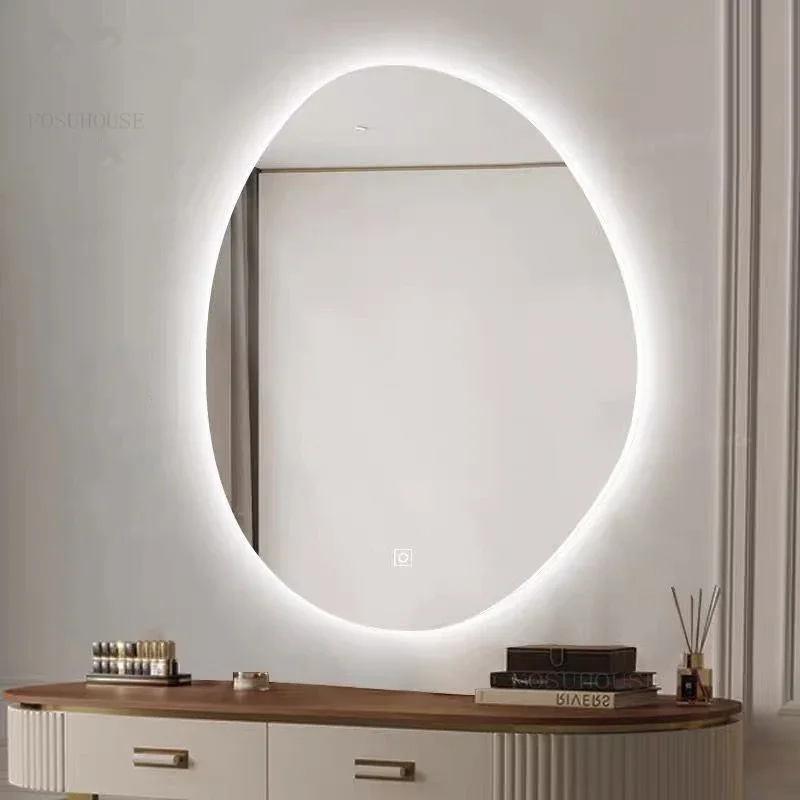 Minimalist Intelligent Bath Mirrors Home Bedroom Makeup Mirrors Wall-mounted Touch Screen Irregular Bathroom Mirror with Light