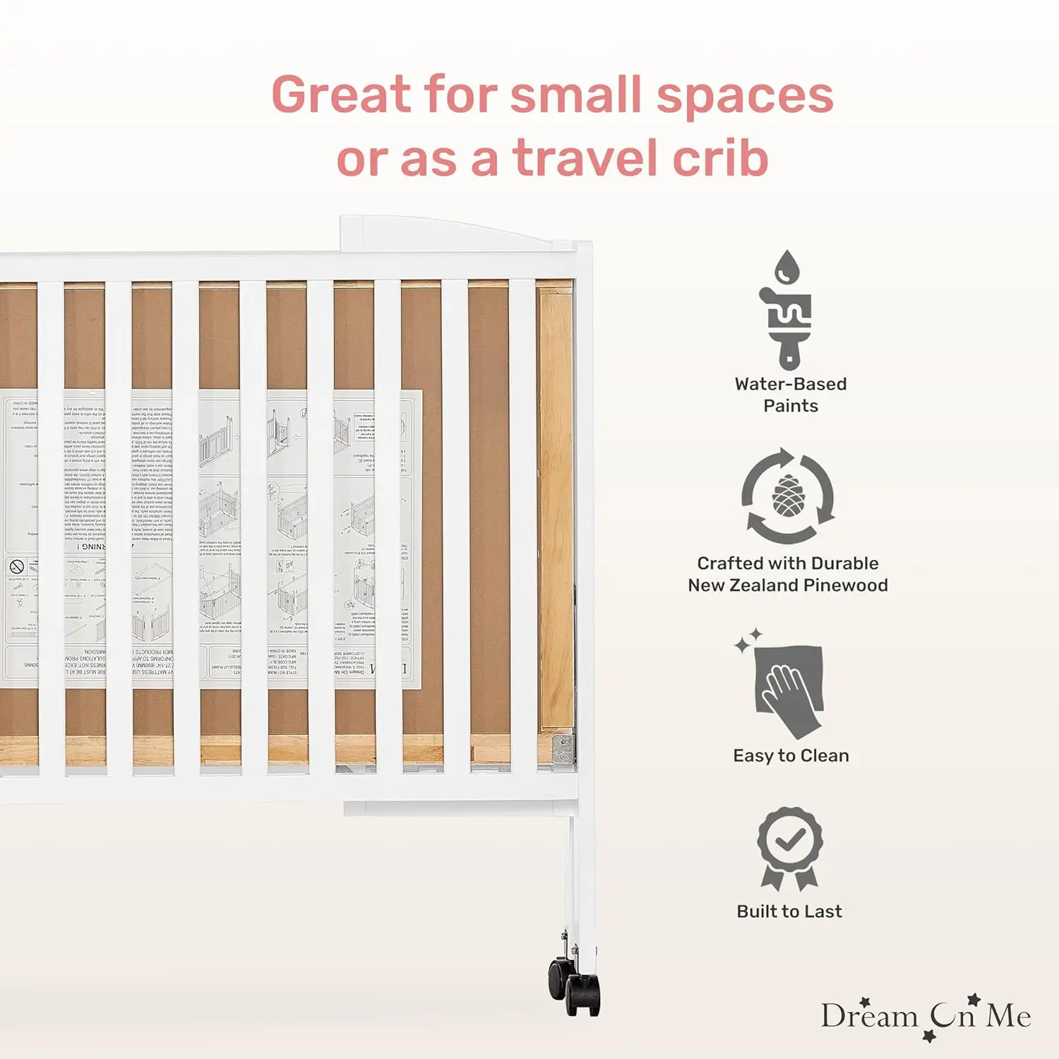 Full Size 2-in-1 Folding Stationary Side Crib In White, Locking Wheels, Folds Flat For Storage, Comes with Teething Guard