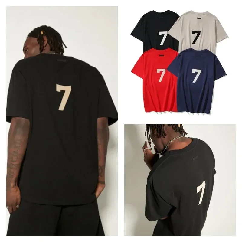 

ESSENTIALS Luxury Main Flocking Letter 7 Short Sleeve High Street Summer Loose T-shirt Fashion Men's and Women's Top