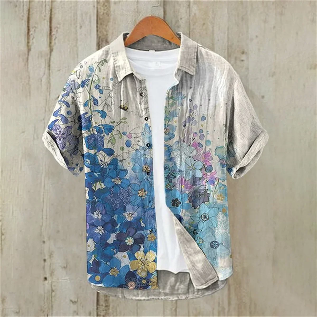 Linen Cotton Printed Shirt, Short Sleeved Lapel, Single Breasted Hawaiian Vacation Shirt, Cherry Blossom Retro Art 2