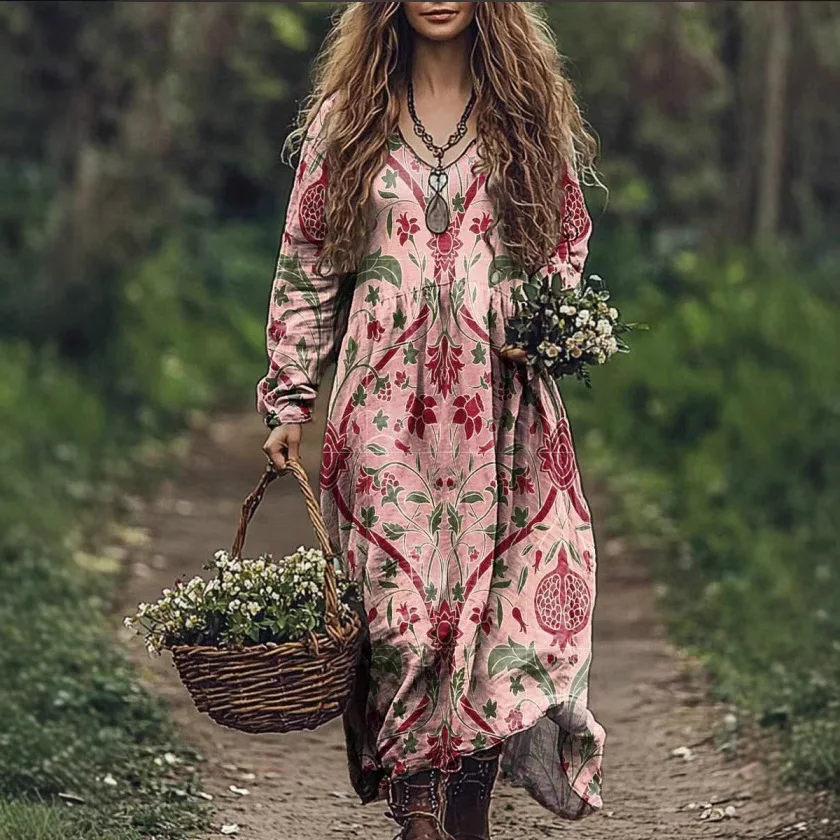 Casual Women's Printed Dress 2025 Spring Round Neck Long Sleeved Loose  Geometric Pattern Printed Large Swing Dress For Women - AliExpress 200000345
