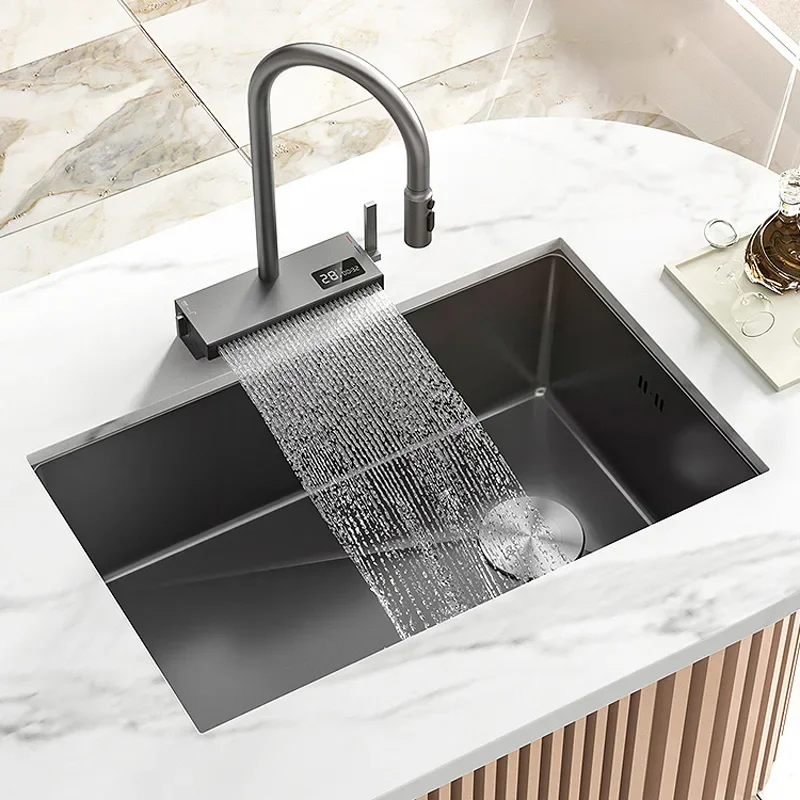 

Black Stainless Steel Kitchen Waterfall dishwashing Basin Large Single Sink Household Sink Under The Counter Sink