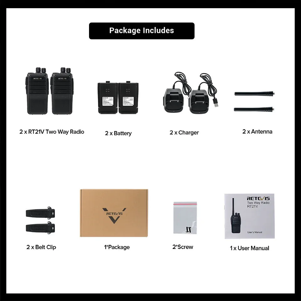 Retevis RT21V VHF Walkie Talkie 2W Long Range License-free VHF Radio MURS 5 CH  USB Charger Two Way Radio For Outdoors Alarm VOX