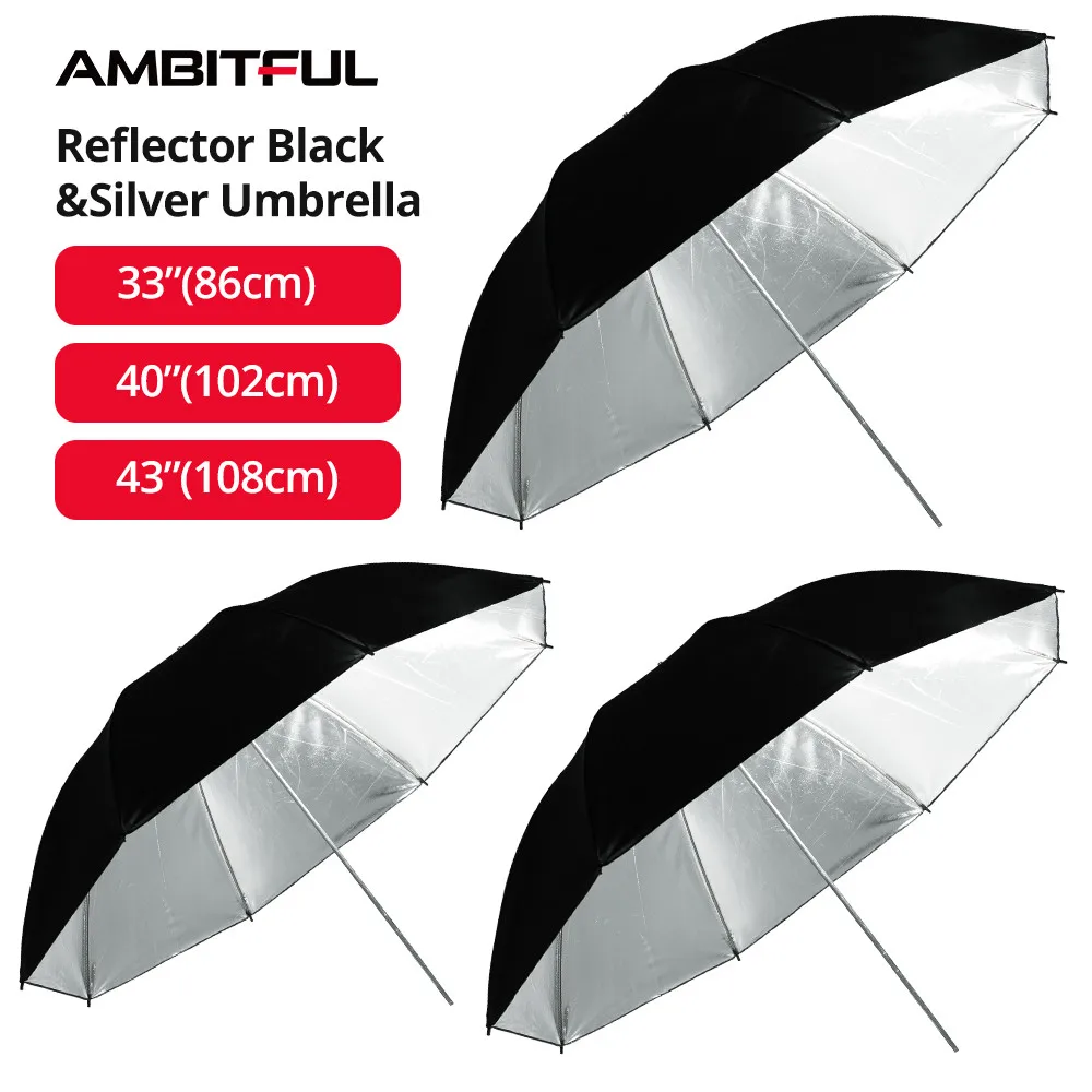 AMBITFUL 33" 86cm 40" 102cm 43" 108cm Reflector Umbrella Black Silver Reflective for Photo Studio Flash Strobe Lighting