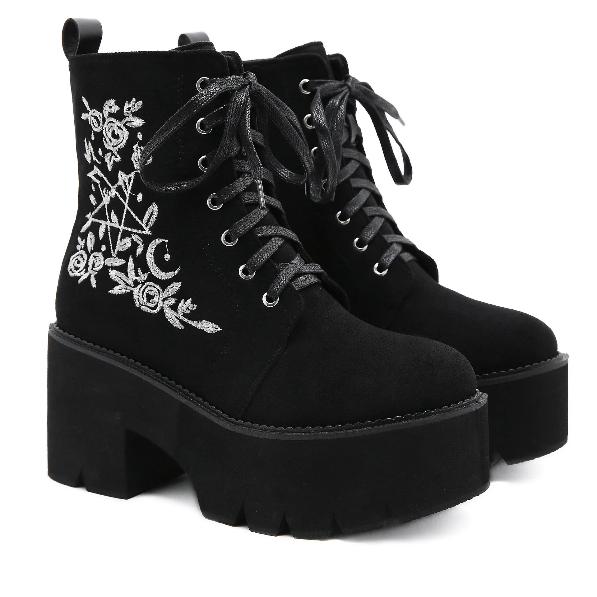 

Dropshipping British Style Embroidered Totem Motorcycle Boots Platform Height Slim Front Lace-Up Side Zipper Short Women's Boots