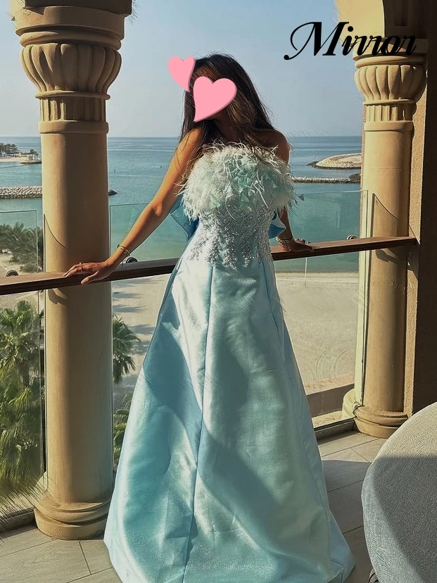 

Mirror Dress Elegant Vintage Beaded Sequined Feathers Sweet Strapless Bow Formal Occasion Prom Dress Evening Party Gowns