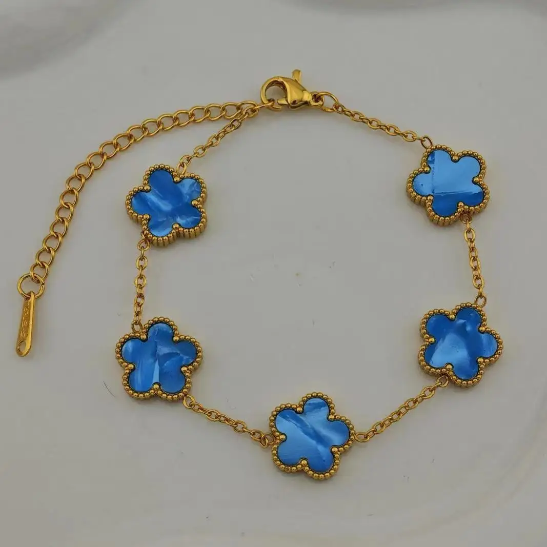 18k Gold Plated Lucky Five-Leaf Flower Stainless Steel Bracelet Women's Exquisite Five-Pointed Star Luxury Party Jewelry Gift 5