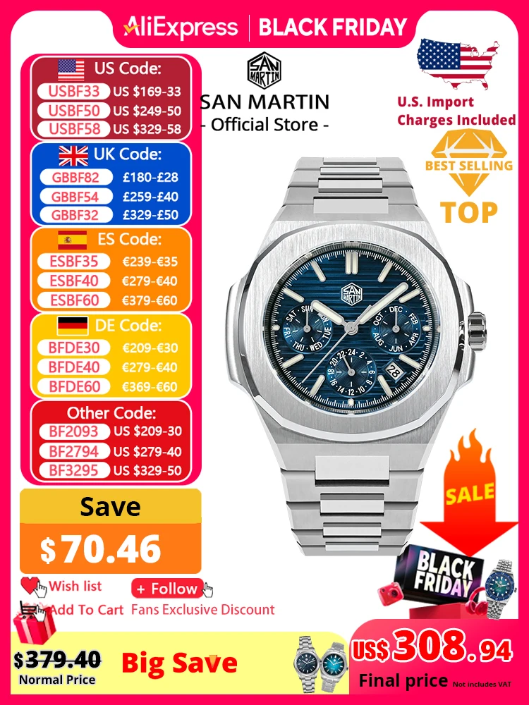 San Martin 43mm Miyota 9120 wielofunkcyjny męski luksusowy zegarek do sukni wafel tekstura Dial biznes automatyczny mechaniczny 10Bar BGW-9 - AliExpress 1511