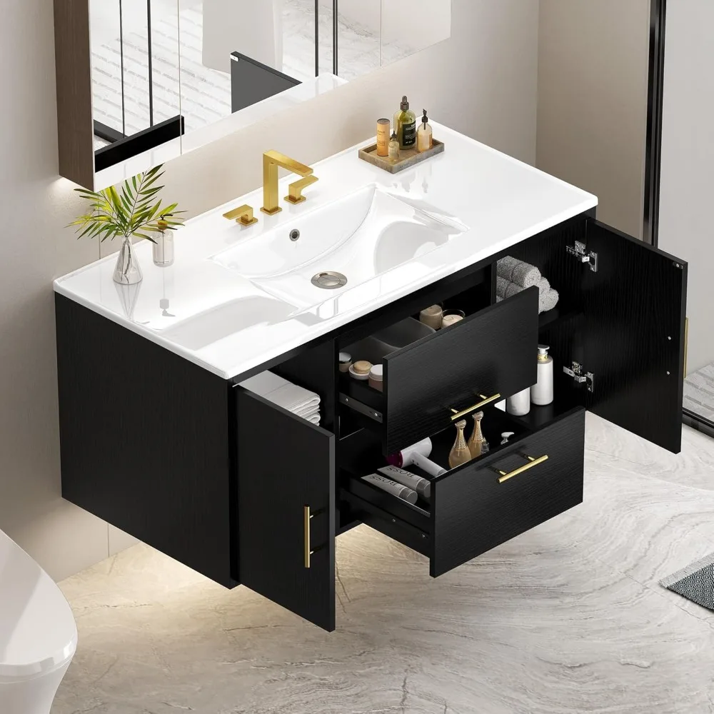 36 Inch Floating Bathroom Vanity with Three Holes Sink, Wall Mounted Cabinet with 2 Storge Cainets Undermount Ceramic Basin 3
