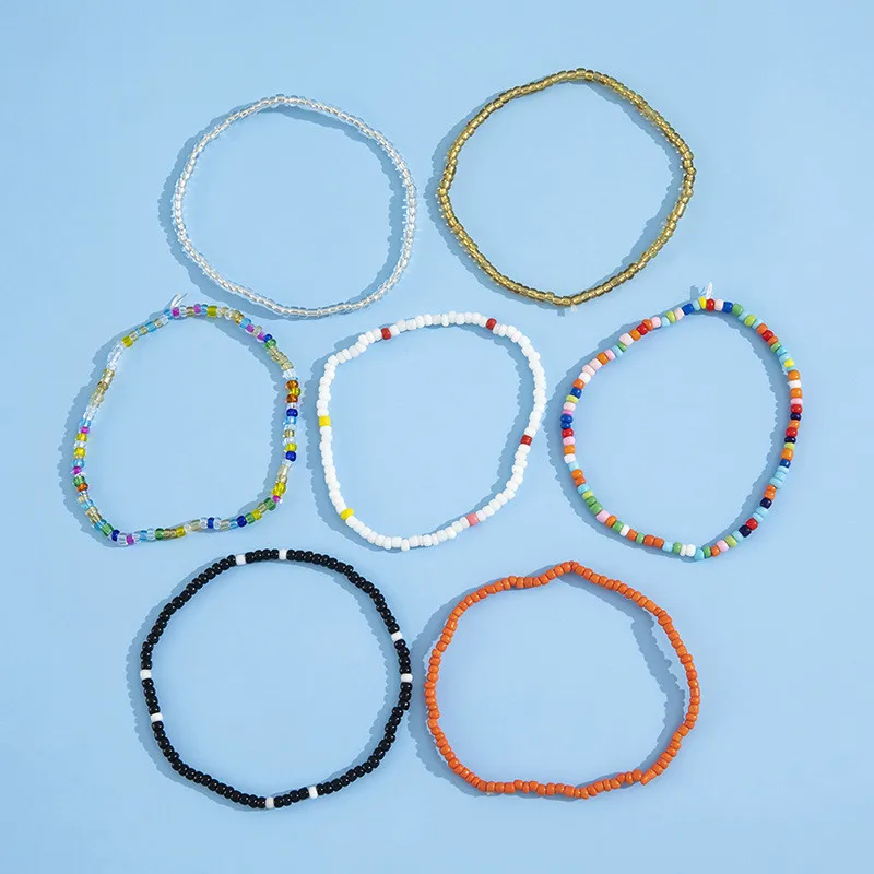 7pcs/Set Handmade Beaded Anklet Bracelets Rainbow Color Elastic Ankle Bracelet On The Leg Foot Beach Jewelry bead bracelet beads anklet