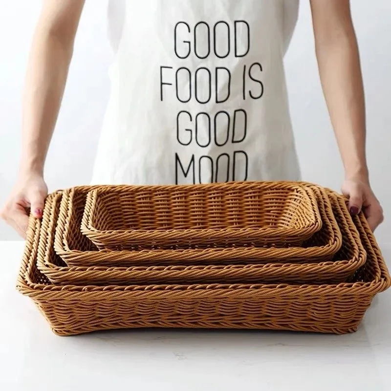 Handmade Rattan Woven Storage Trays Fruit Vegetables Bread Wicker Baskets Restaurant Serving Tabletop Display Storage Baskets 5