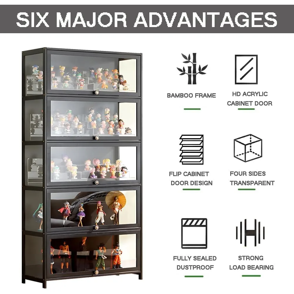 "5-tier acrylic door curio cabinet for collectible figures and toy display organizer rack"