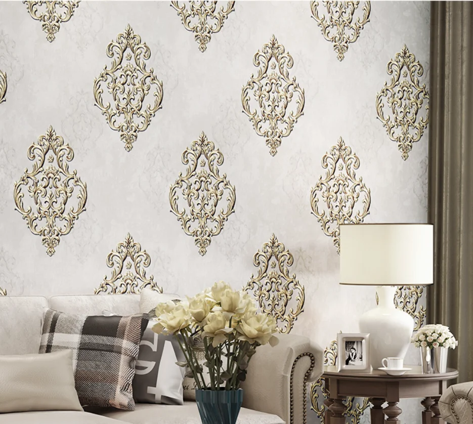 3d three-dimensional European-style non-woven Damascus wallpaper luxury bedroom living room TV background wall wall paper