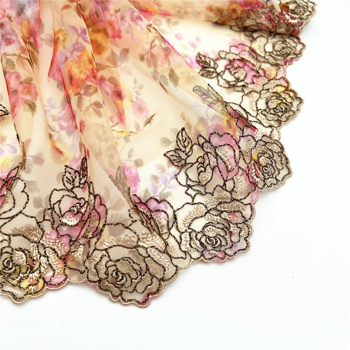 3y/lot W 19cm Pretty Pink Flower With Golden Embroidery Lace Trim For Skirt Hem Underwear Sewing Craft DIY Apparel Fabrics Dress 1